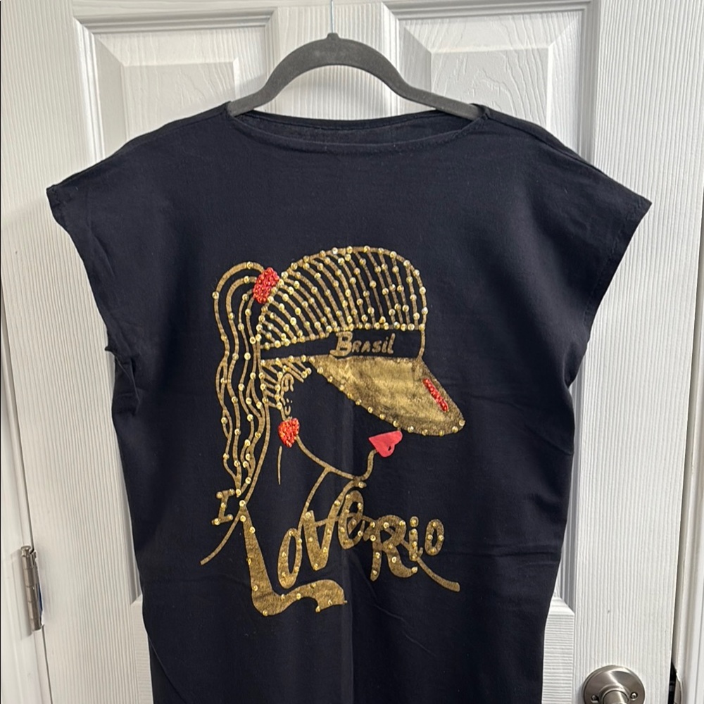 LOVE RIO Black T-Shirt /Swim Cover up with Dazzling Gold and Red Sequins- Size M